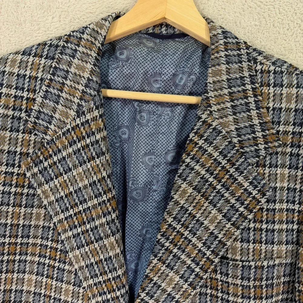Vintage Sears Men 44XL Travelknit Blazer The Mens Store Blue Brown Plaid 70s USA